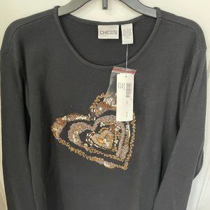 Chicos Black size 2 100% cotton spring sweaater with sequin/beaded heart